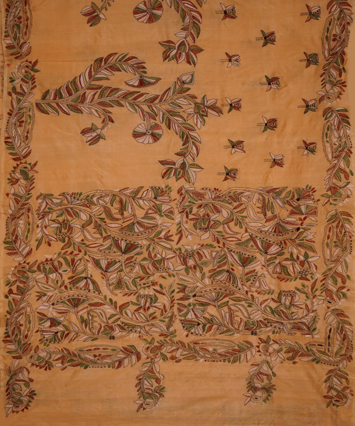 Burlywood cream tussar silk hand embroidery kantha saree
