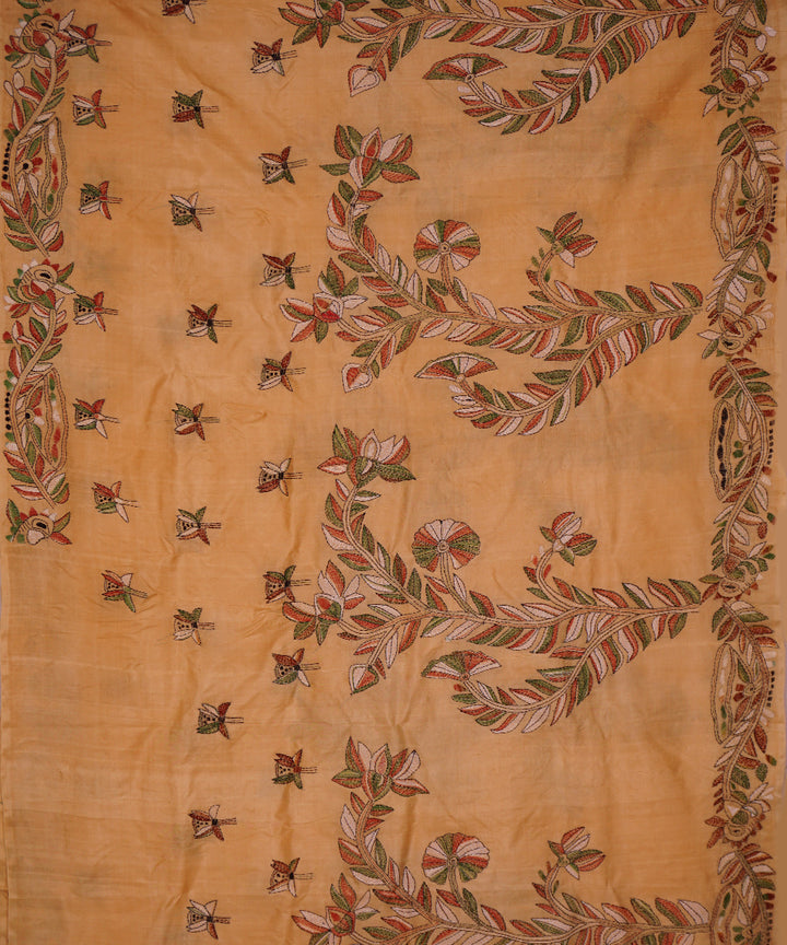 Burlywood cream tussar silk hand embroidery kantha saree