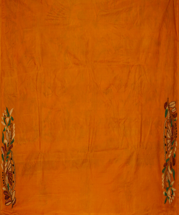 Amber orange tussar silk hand embroidery kantha saree