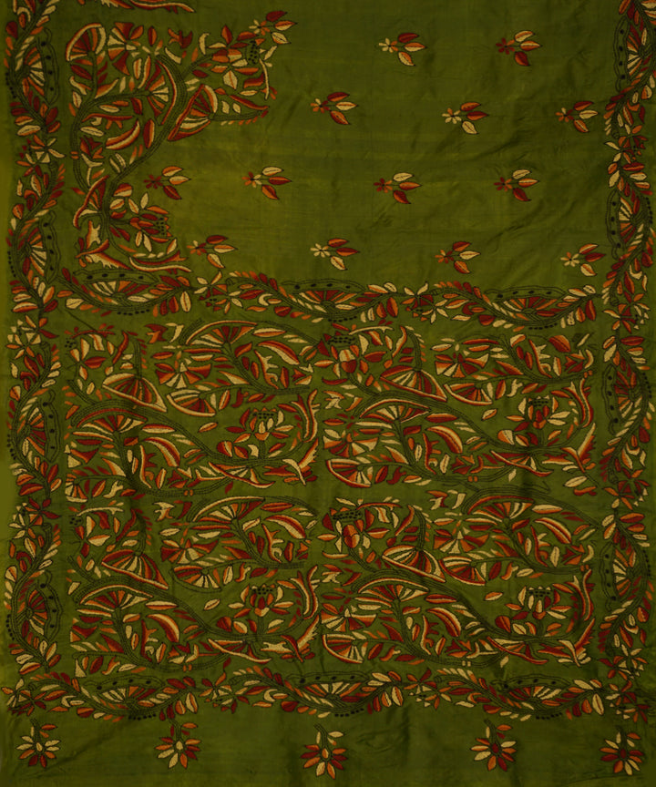 Dark moss green tussar silk hand embroidery kantha saree