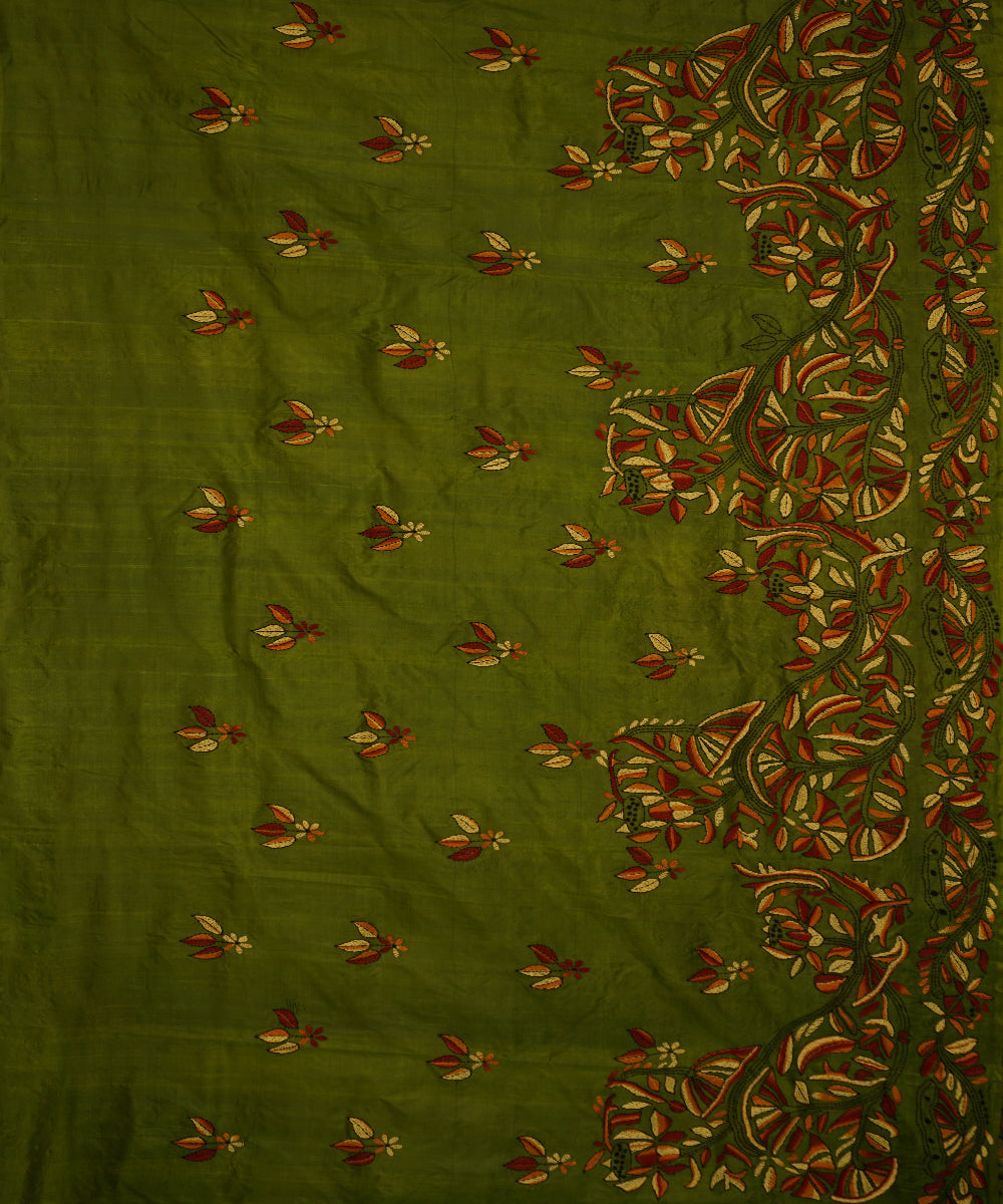 Dark moss green tussar silk hand embroidery kantha saree