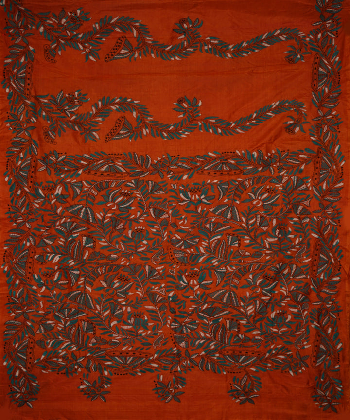 Deep carrot orange tussar silk hand embroidery kantha saree