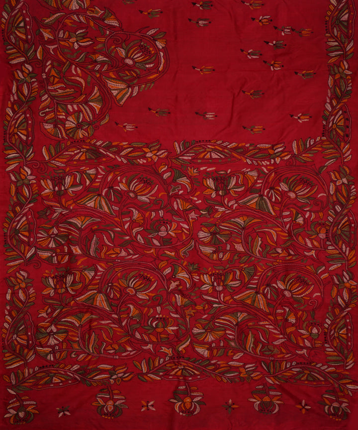 Deep carmine red tussar silk hand embroidery kantha saree