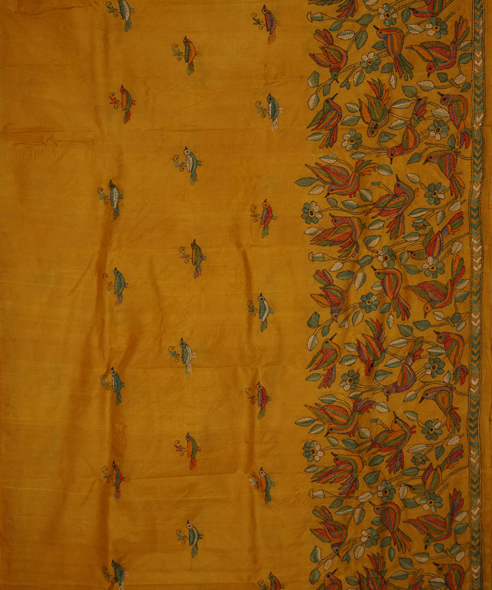 Drab mustard tussar silk hand embroidery kantha saree