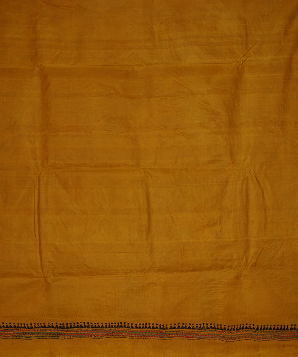 Drab mustard tussar silk hand embroidery kantha saree
