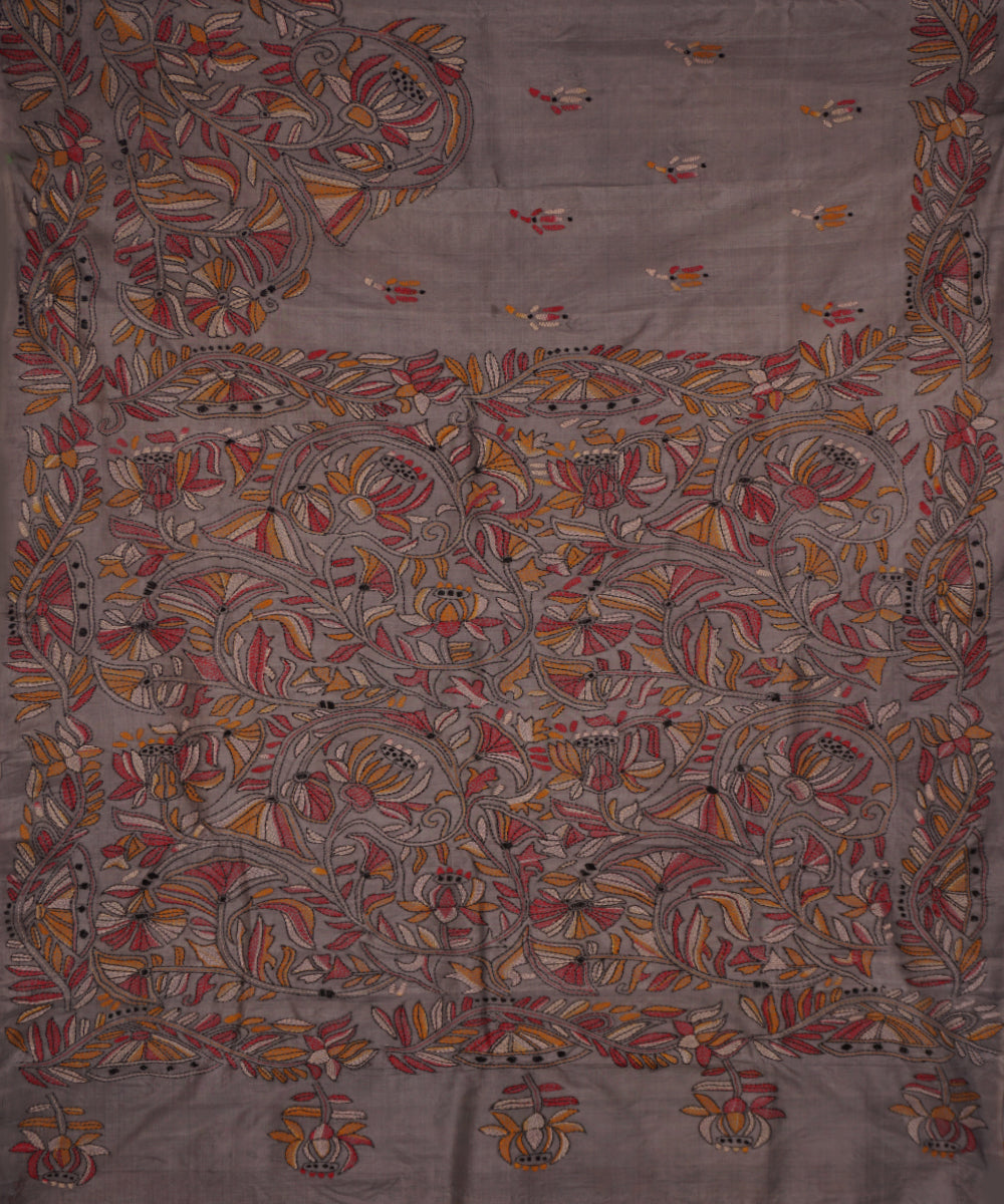 Dim grey tussar silk hand embroidery kantha saree