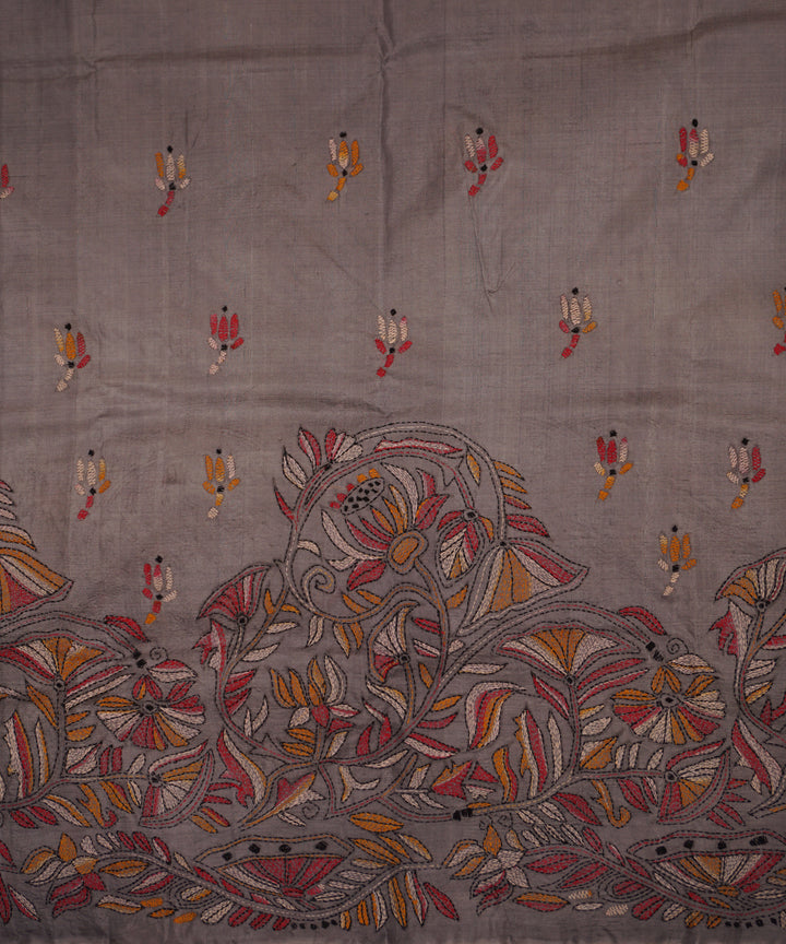 Dim grey tussar silk hand embroidery kantha saree