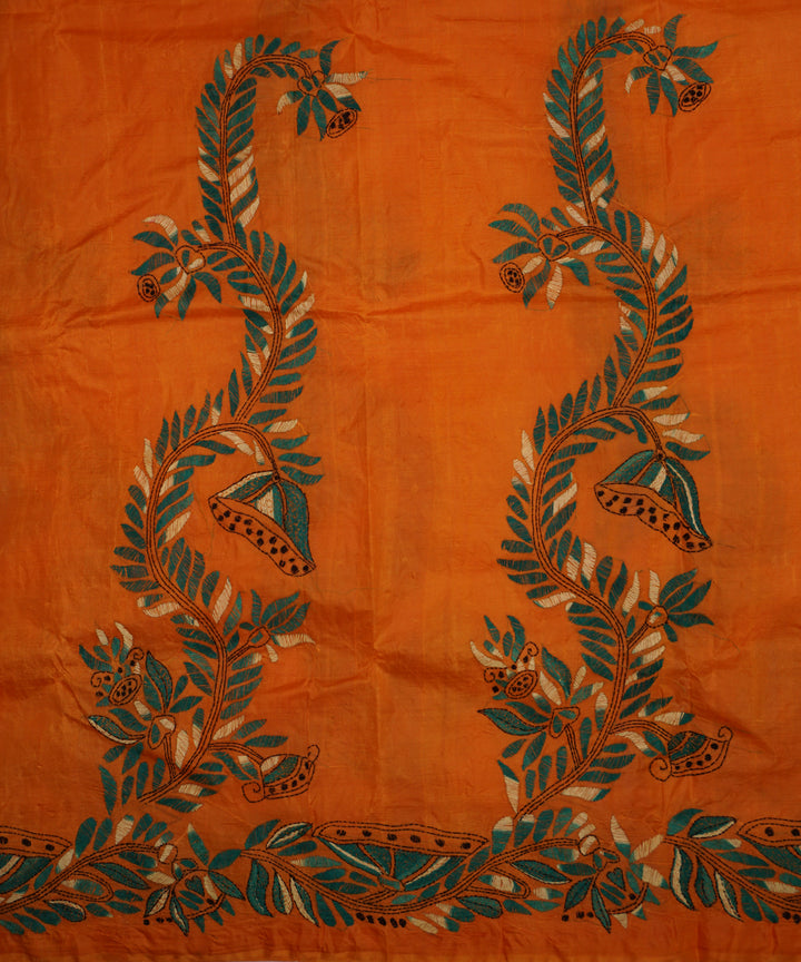 Dark goldenrod orange tussar silk hand embroidery kantha saree