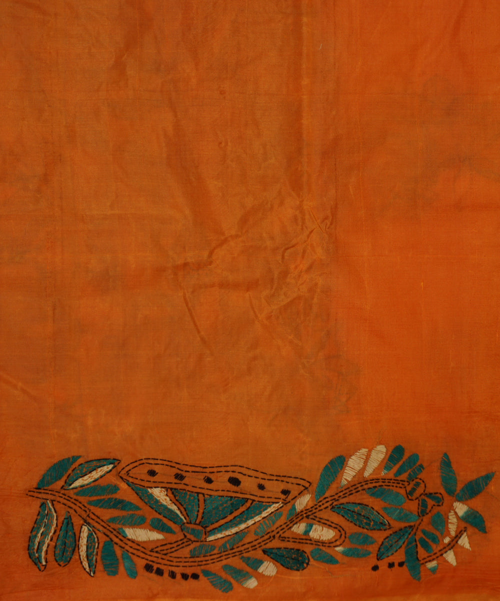 Dark goldenrod orange tussar silk hand embroidery kantha saree