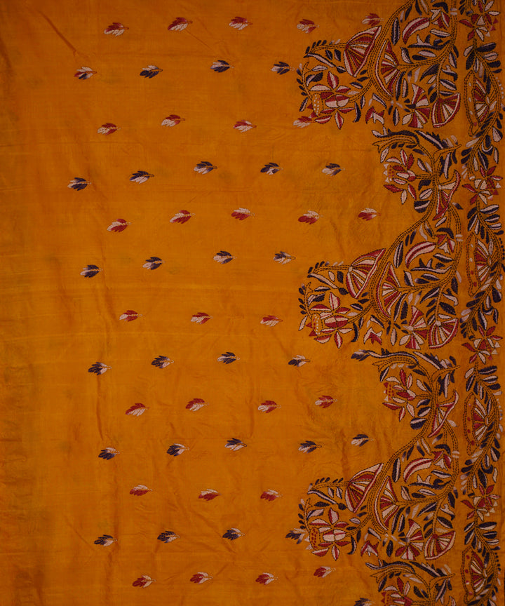 Golden mustard tussar silk hand embroidery kantha saree