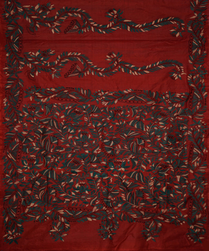 Chestnut maroon tussar silk hand embroidery kantha saree