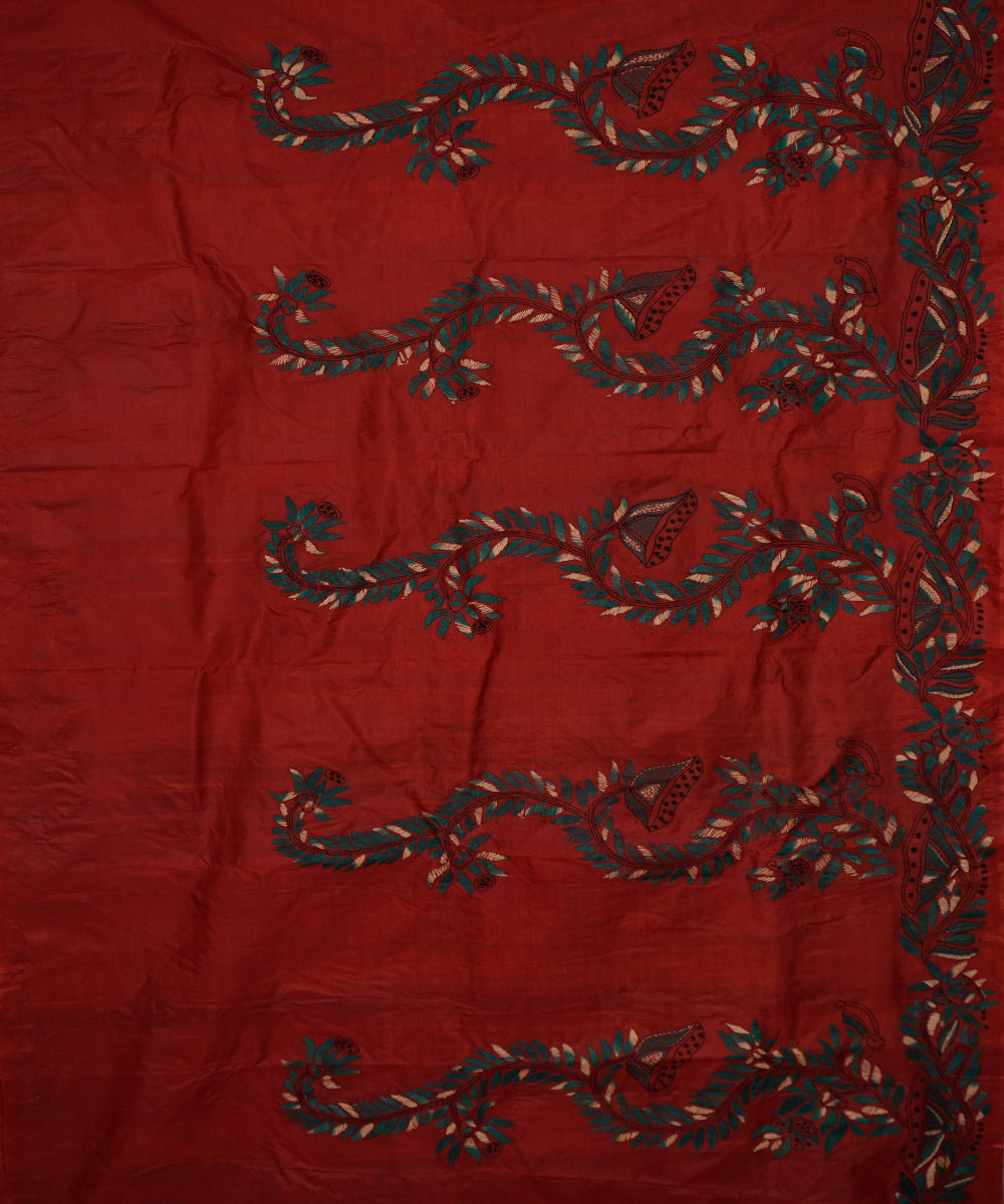 Chestnut maroon tussar silk hand embroidery kantha saree