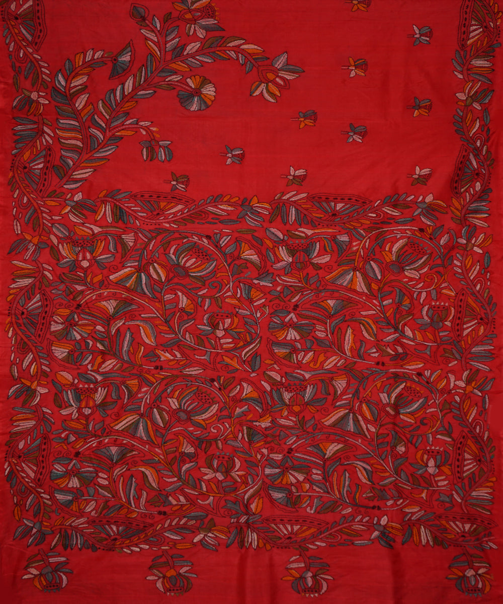 Deep pink tussar silk hand embroidery kantha saree