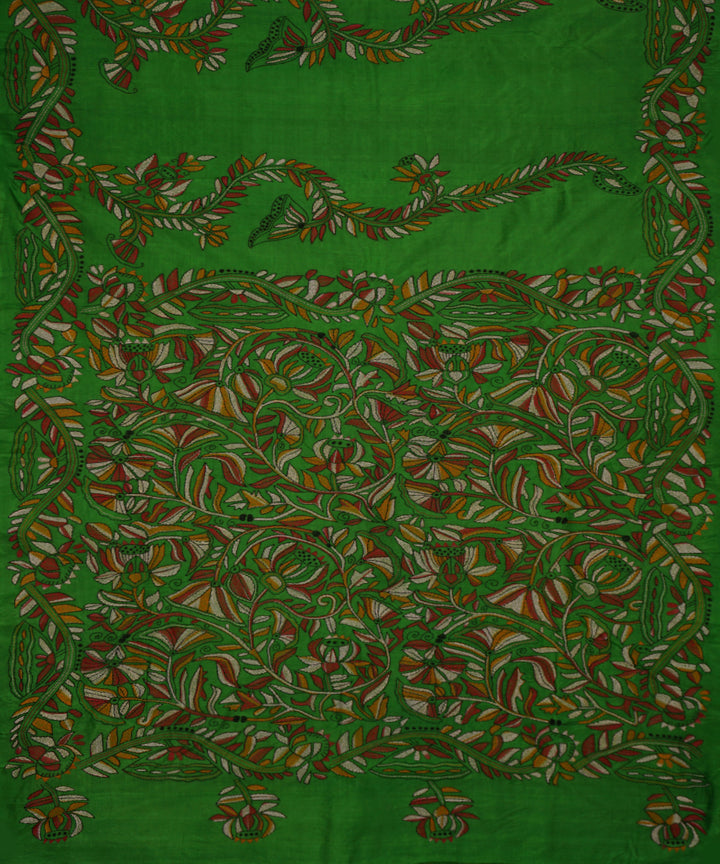 Dark green tussar silk hand embroidery kantha saree