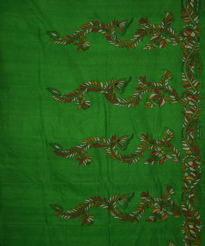 Dark green tussar silk hand embroidery kantha saree