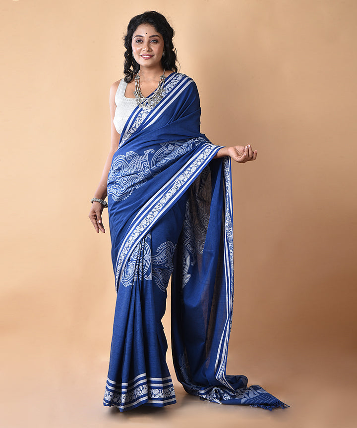 Ink blue offwhite cotton handwoven jamdani saree
