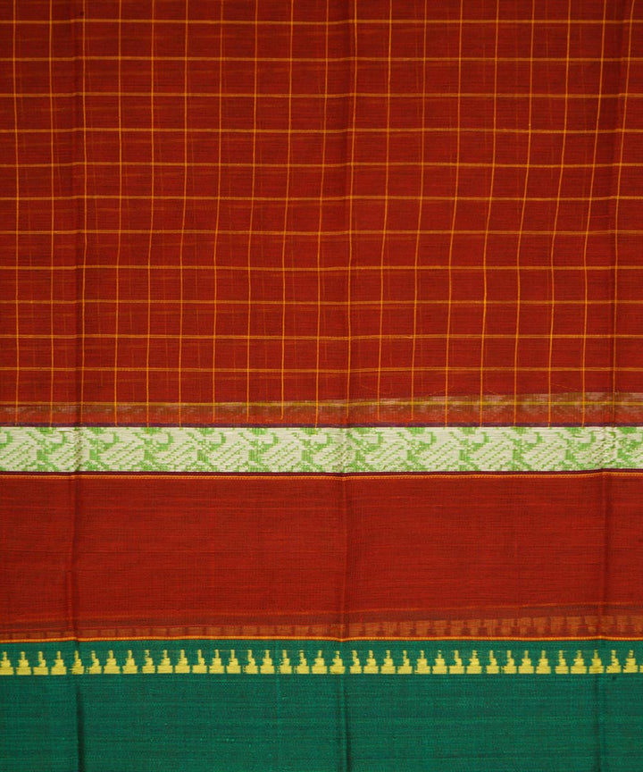 Brick brown checks with green border cotton handloom narayanapet saree