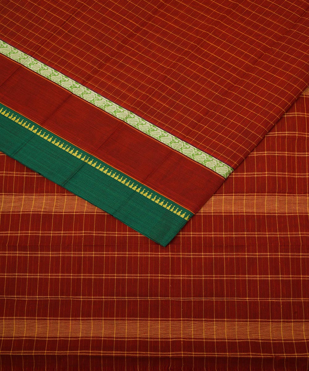 Brick brown checks with green border cotton handloom narayanapet saree