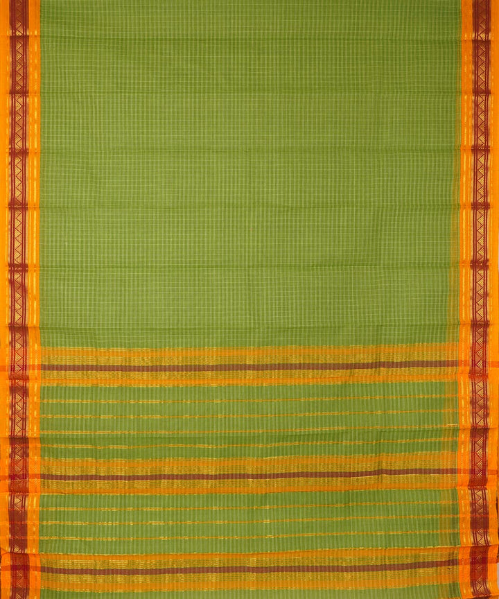 Light green yellow checks cotton handwoven narayanapet saree