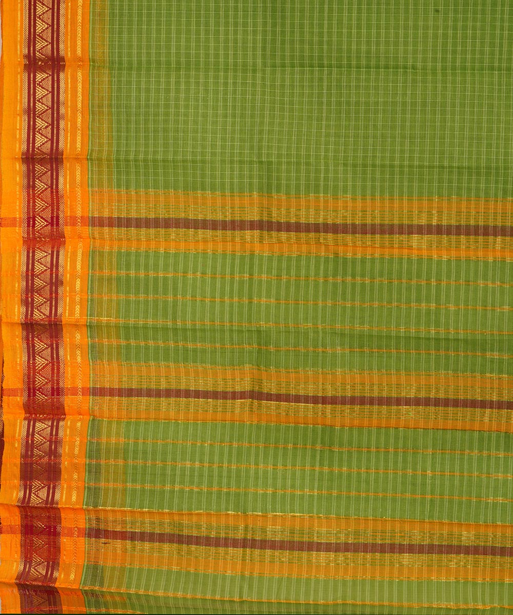 Light green yellow checks cotton handwoven narayanapet saree
