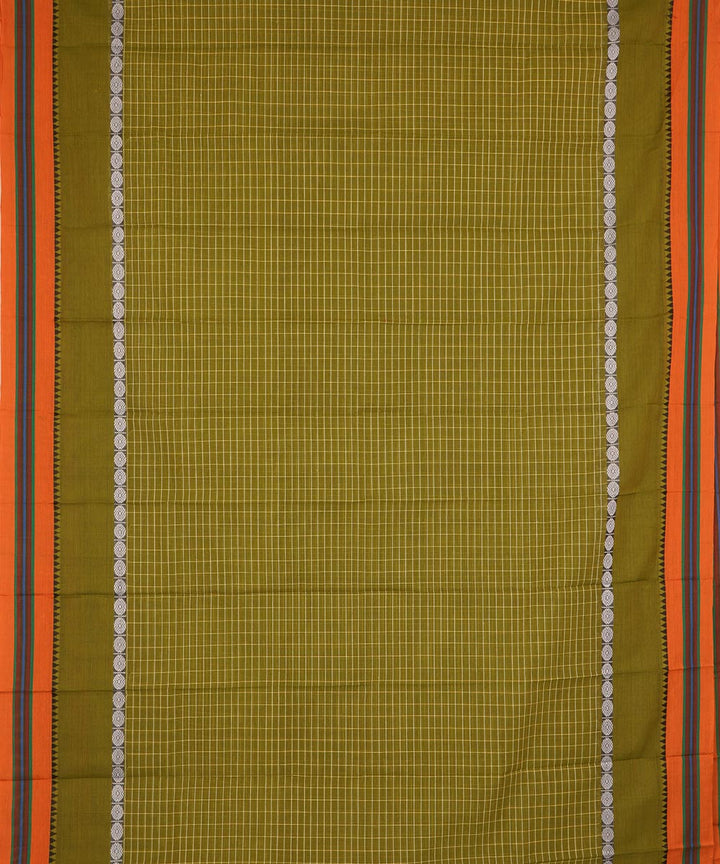 Olive checks with orange border cotton handwoven narayanapet saree