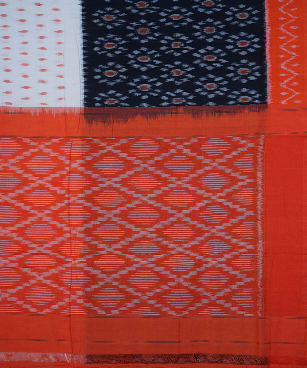 Black white and orange cotton pochampally ikkat saree
