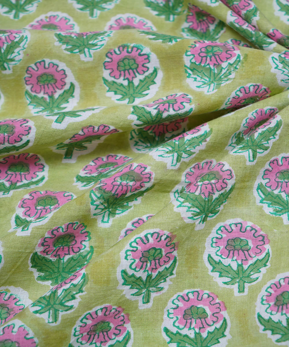 2.5 m Light green hand block print cotton sanganeri kurta material