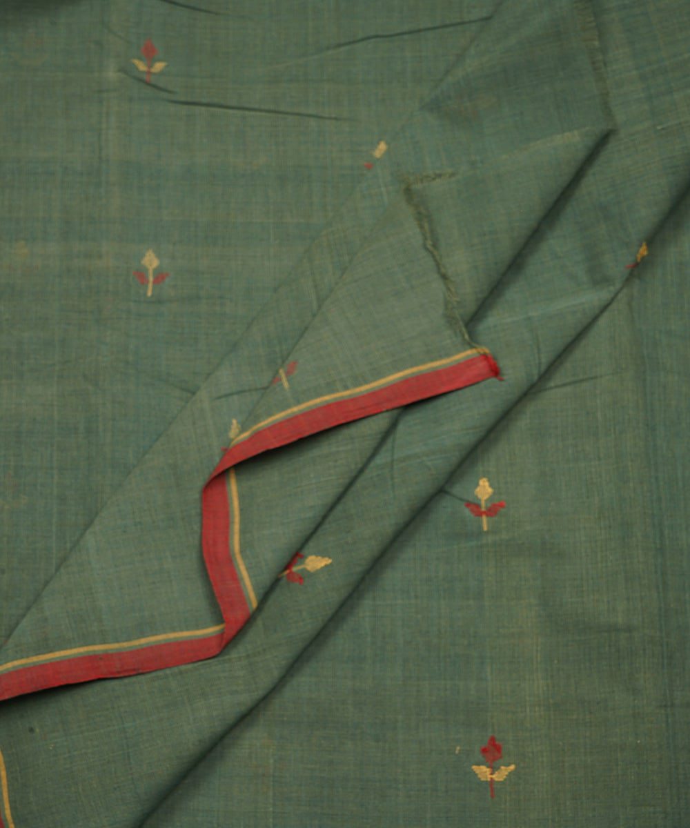 Green hand spun handwoven cotton srikakulam jamdani fabric