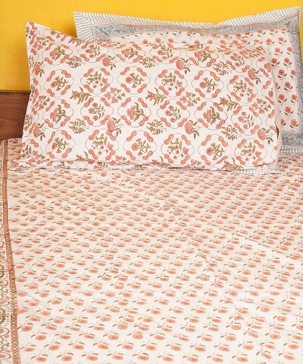 White brown hand block printed cotton bedsheet