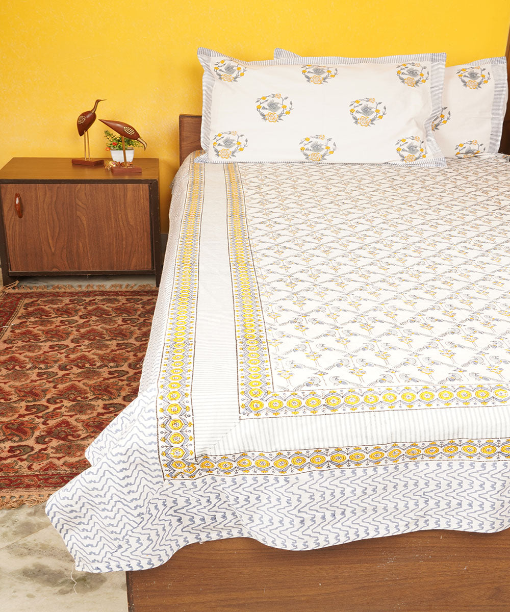 White yellow cotton hand block printed bedsheet