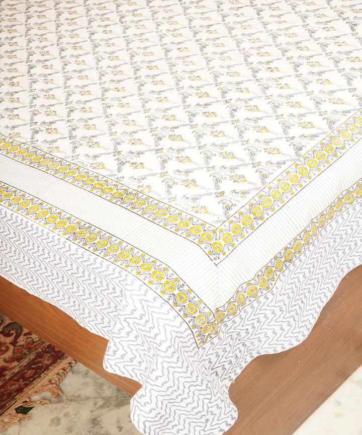 White yellow cotton hand block printed bedsheet