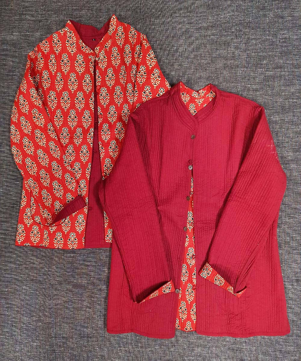 Red block print reversible jacket with cotton quilting