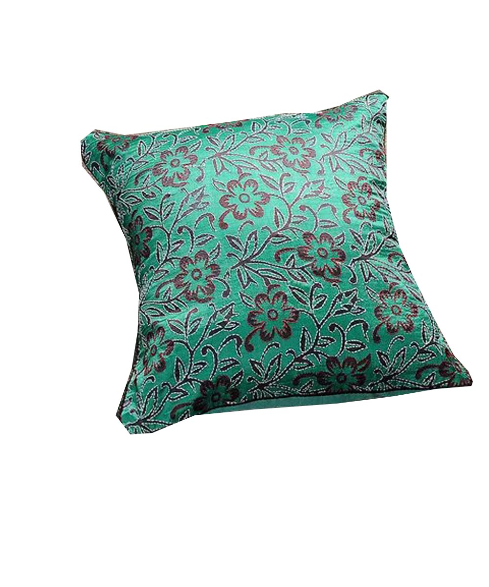 Green kantha stitch hand embroidery tussar silk cushion cover