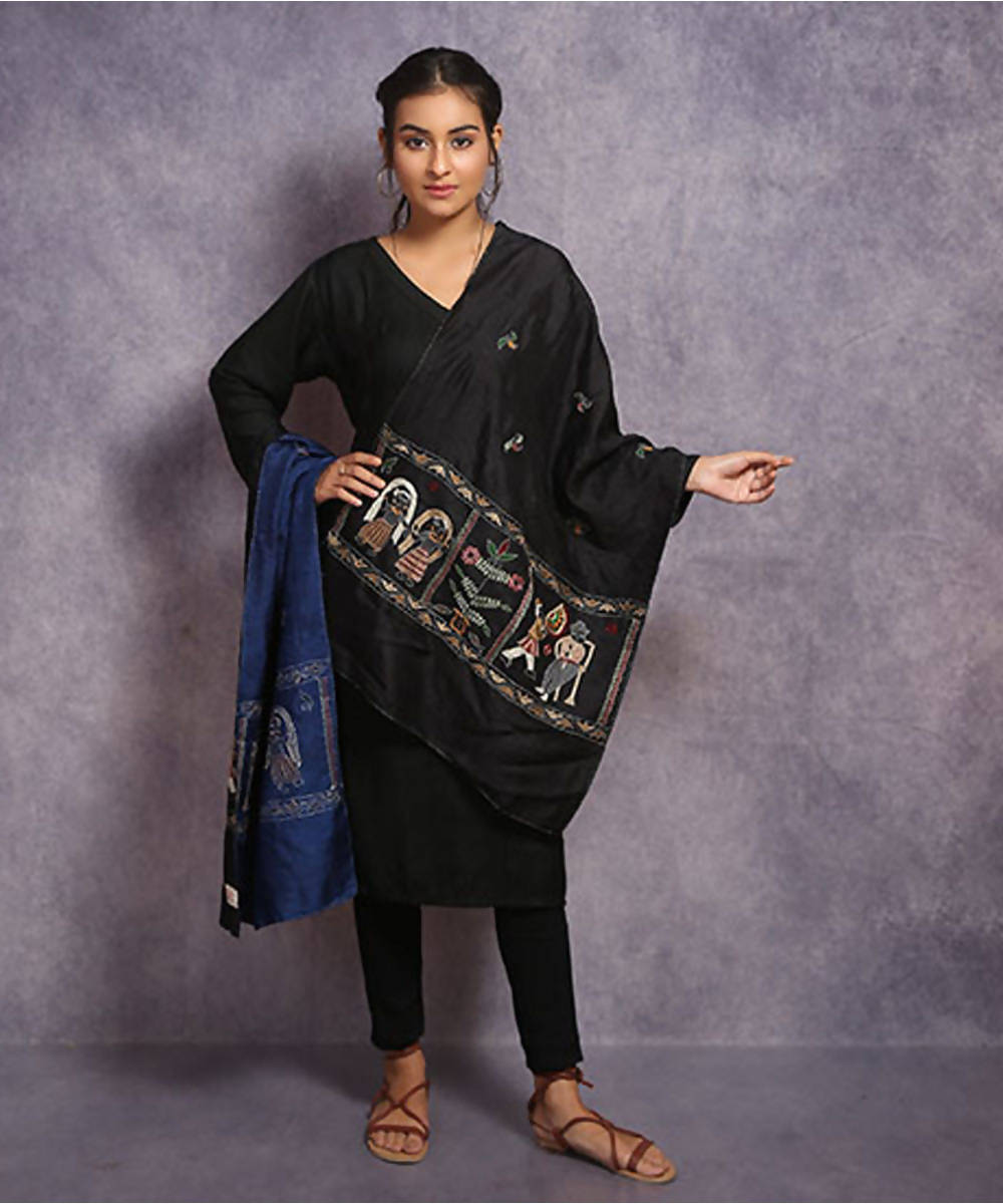 Black navy blue hand embroidery reversible silk stole