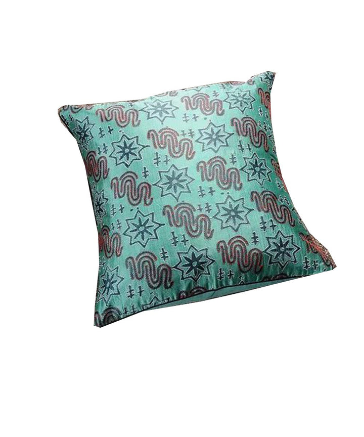 Cyan green kantha stitch hand embroidery tussar silk cushion cover