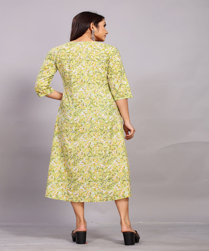 Pastel green hand block printed with embroidery cotton kurta