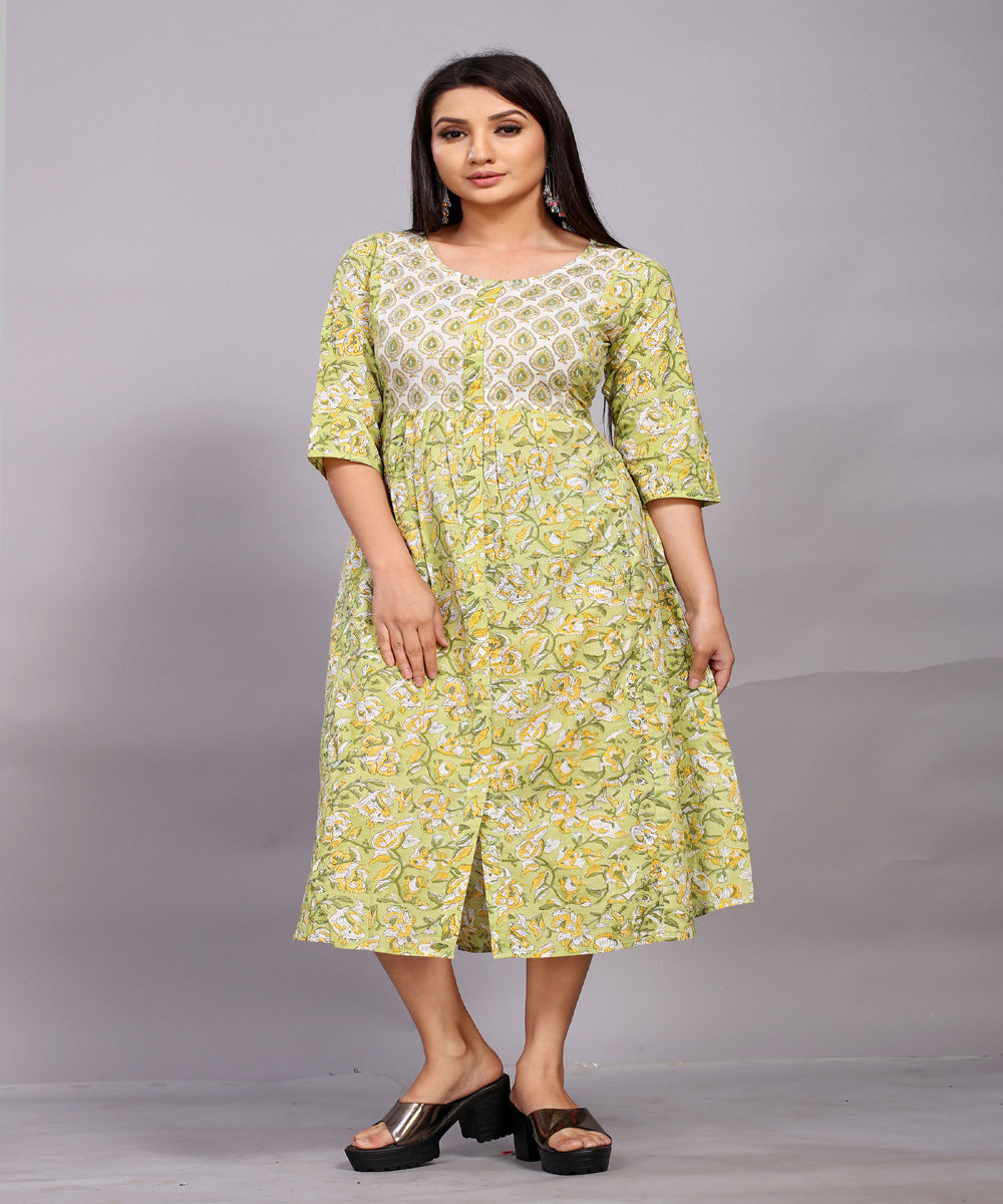 Pastel green hand block printed with embroidery cotton kurta