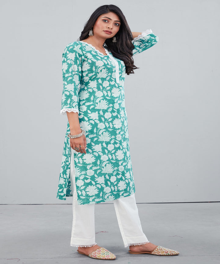 Light teal green white hand block printed cotton kurti with pant set