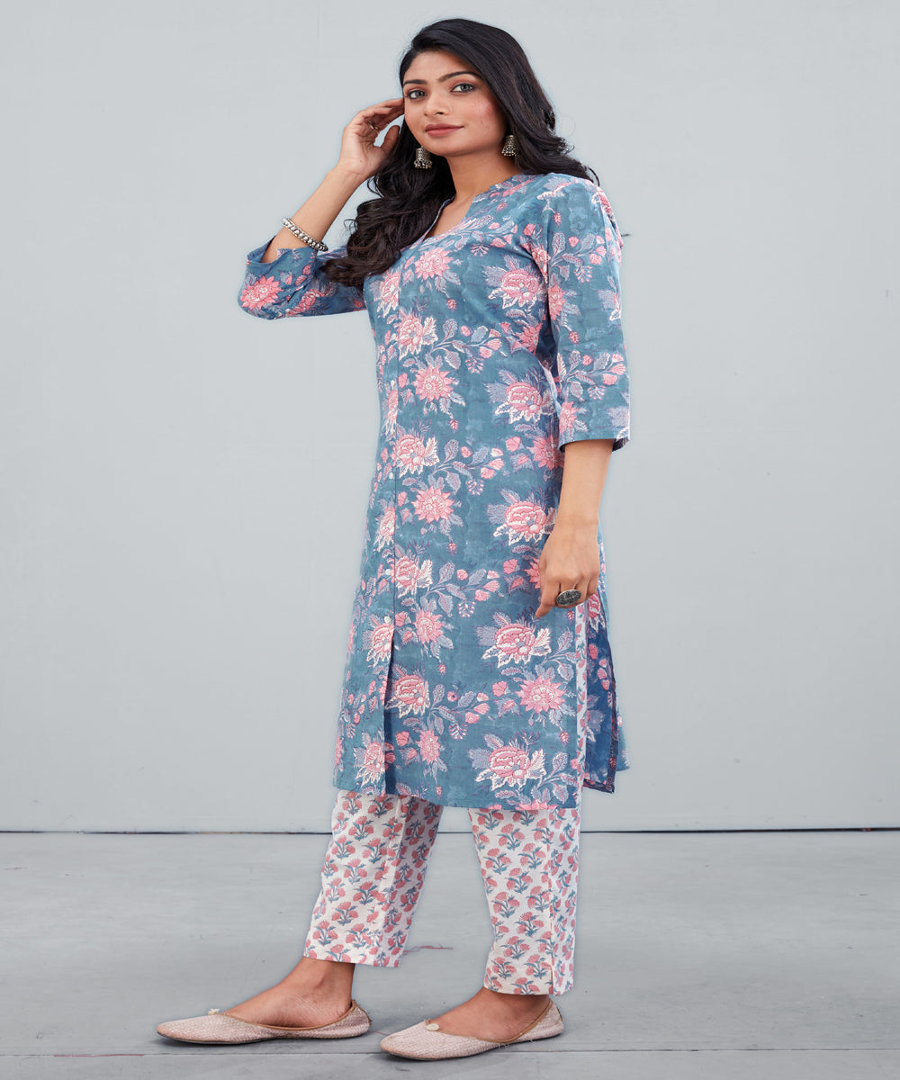 Grey blue pink hand block printed cotton kurti with pant set