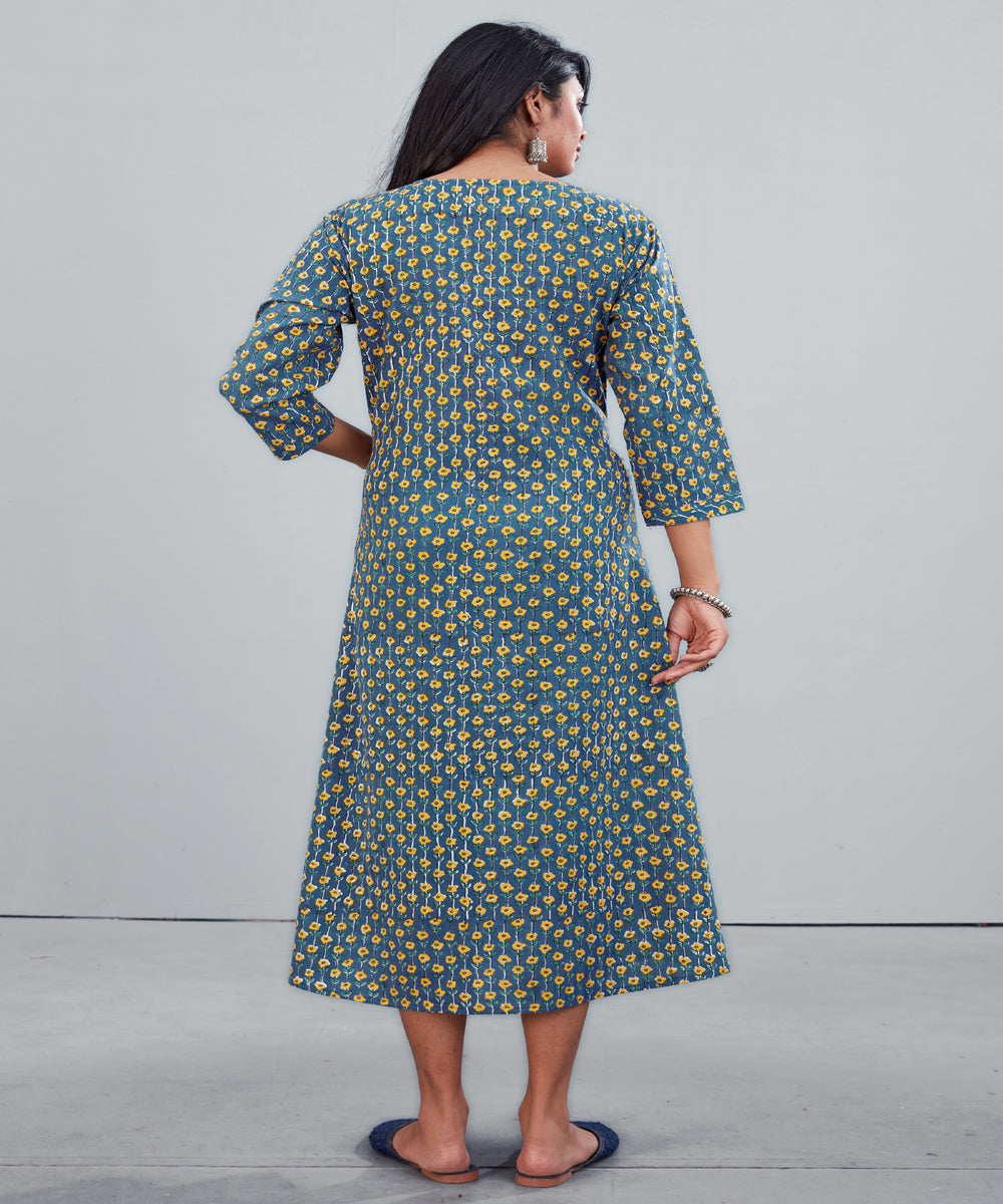Light navy blue with yellow hand block printed cotton dress