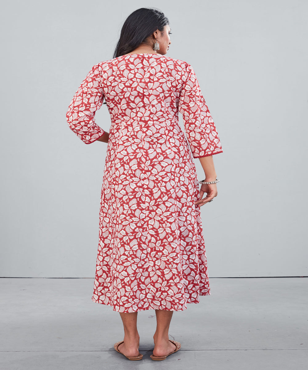 Dusty red hand block printed cotton dress