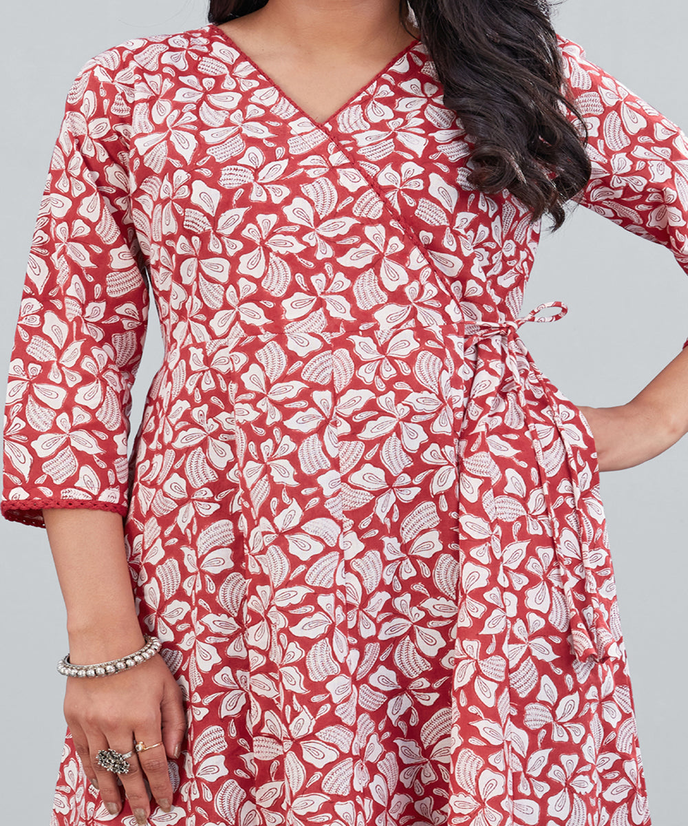 Dusty red hand block printed cotton dress