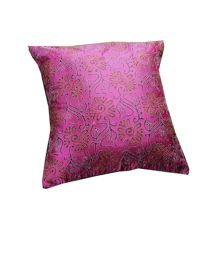 Pink kantha stitch hand embroidery tussar silk cushion cover