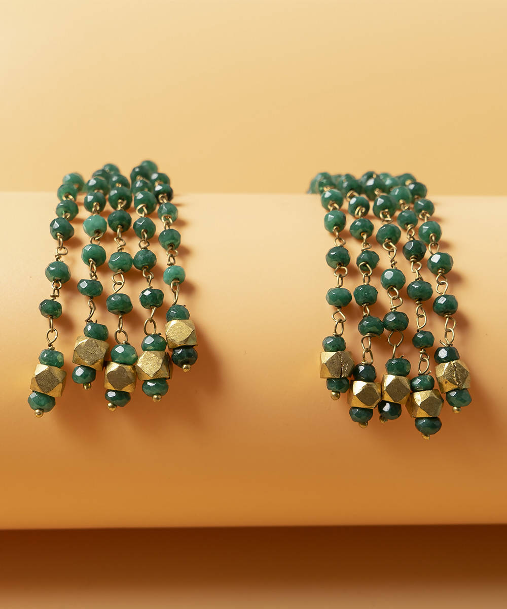 Emerald green handcrafted semi precious gemstone dhokra brass earring