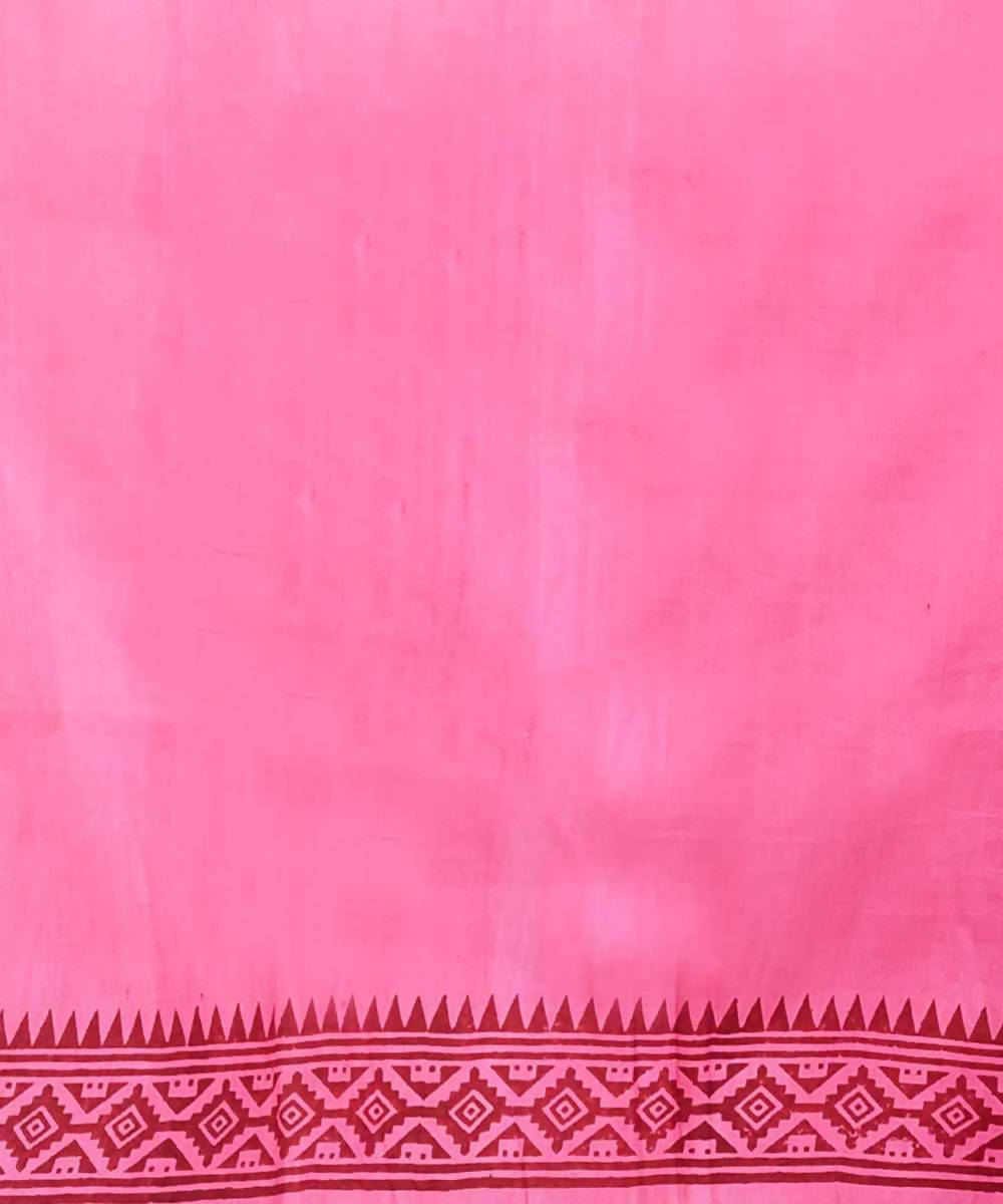 Pink block printed handloom mulberry silk with tussar stripe saree