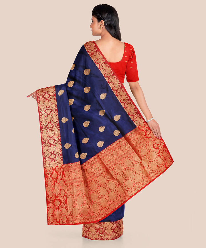 Navy blue red handwoven silk banarasi saree