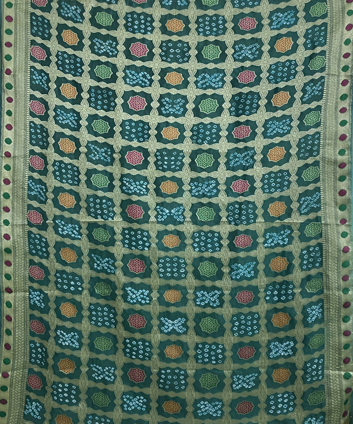 Bottle green handcrafted tie dye bandhani silk saree