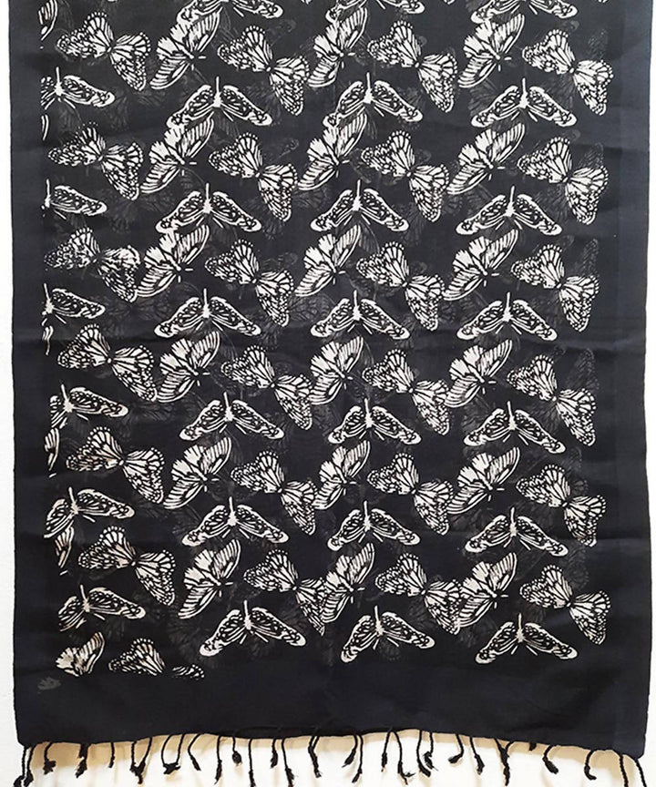Black white handblock butterfly motif printed sico stole