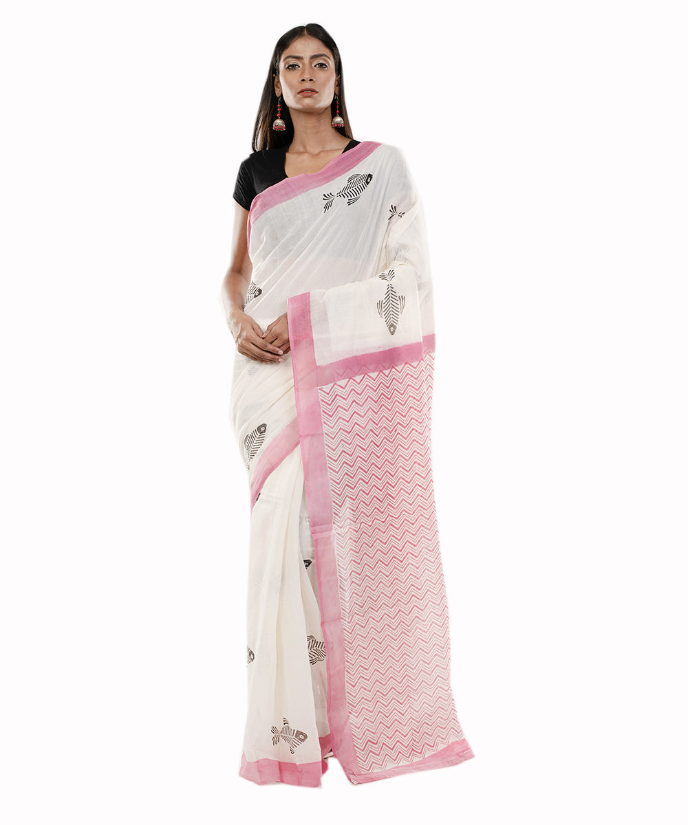 White handblock printed bengal cotton saree