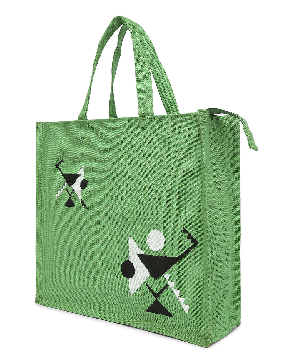 Light green hand printed jute shopping bag